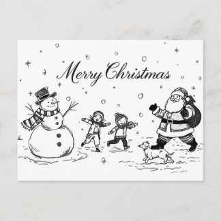 Cartão Postal De Festividades Black & White Christmas Postcard – Snowman, Santa