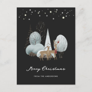 Cartão Postal De Festividades Black Winter Scense Stars Forest Deer Christmas
