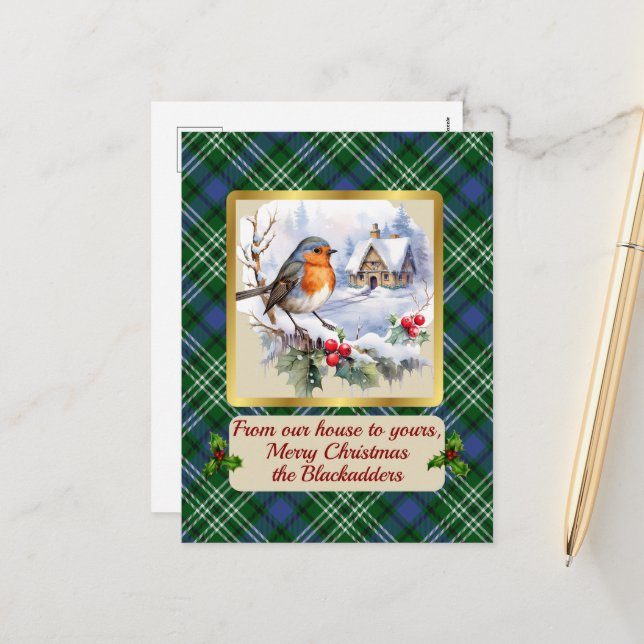 Cartão Postal De Festividades Blackadder Crest & Tartan w/Robin Personalizado (Frente/Verso In Situ)