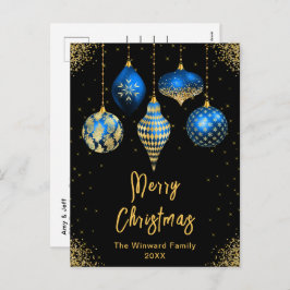 Cartão Postal De Festividades Blue and Gold Ornaments Merry Christmas