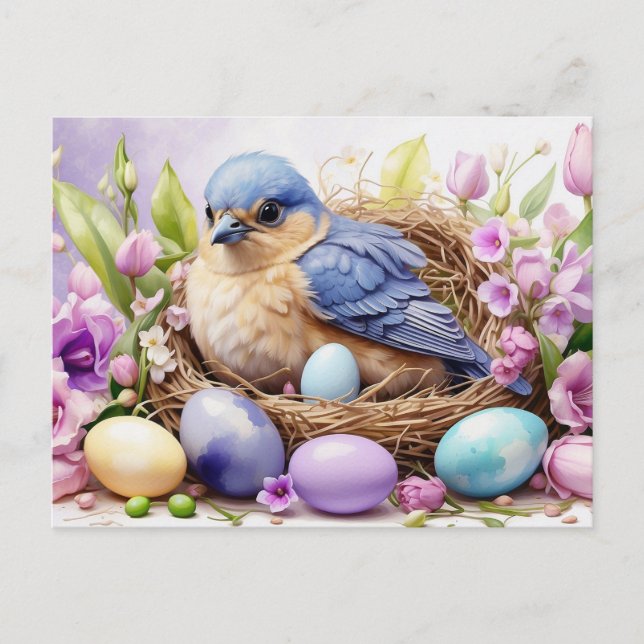 Cartão Postal De Festividades Blue Bird Nesting and Easter Eggs, Flowers  (Frente)