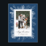 Cartão Postal De Festividades Blue Botanic Frame Happy Hanukkah Foto<br><div class="desc">Feliz Hanukkah! Envie cartões de natal com este cartão postal Hanukkah, do templo antigo. Ele apresenta a arte de linha de safra de pinecones, agulhas de pinheiros e colhões com fundo azul. Personalize adicionando sua foto, nome, ano e mensagem. Este cartão-postal de fotos clássico de Hanukkah está disponível em outras...</div>