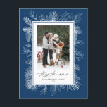 Cartão Postal De Festividades Blue Botanic Frame Happy Hanukkah Foto<br><div class="desc">Feliz Hanukkah! Envie cartões de natal com este cartão postal Hanukkah, do templo antigo. Ele apresenta a arte de linha de safra de pinecones, agulhas de pinheiros e colhões com fundo azul. Personalize adicionando sua foto, nome, ano e mensagem. Este cartão-postal de fotos clássico de Hanukkah está disponível em outras...</div>