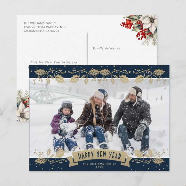 Cartão Postal De Festividades Blue Gold Holly Berries Photo Happy New Year (Frente/Verso)