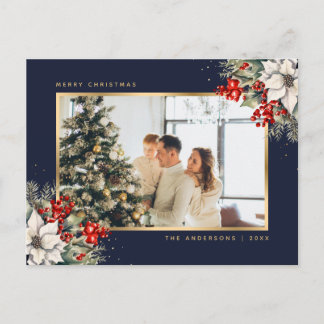 Cartão Postal De Festividades Blue Gold Watercolor Botanical Photo Christmas