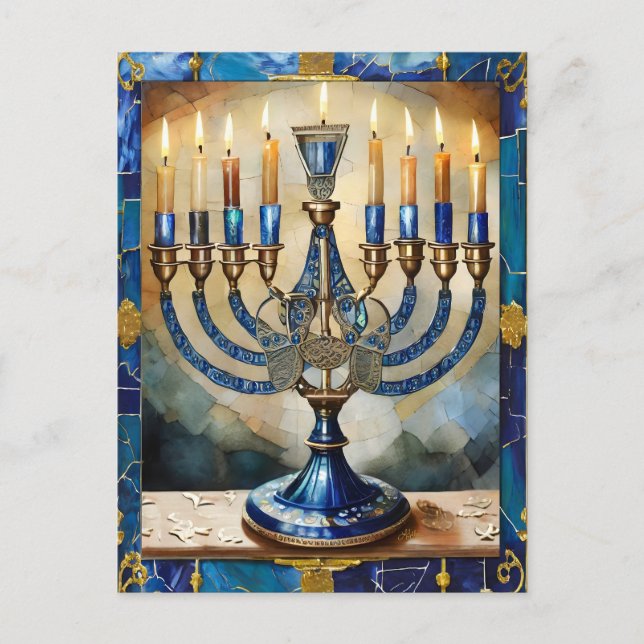 Cartão Postal De Festividades Blue Hanukkah Menorah (Frente)