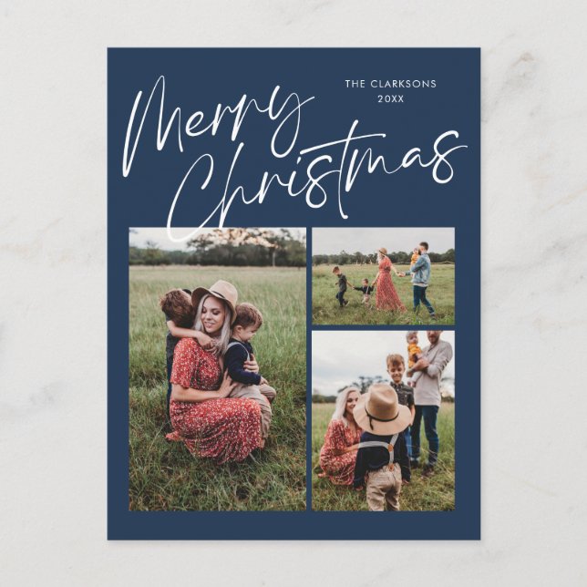 Cartão Postal De Festividades Blue Merry Christmas Calliographic 3 Photo (Frente)