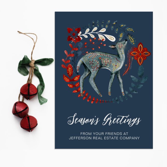 Cartão Postal De Festividades Blue Red Deer Wreath Nordic Folk Business (Criador carregado)