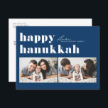 Cartão Postal De Festividades Blue Retro Typografia Happy Hanukkah Foto Dois<br><div class="desc">Feliz Hanukkah! Mande suas saudações a Hanukkah para a família e amigos com este cartão de foto personalizável Hanukkah. Apresenta tipografia retrógrada. Personalize adicionando seus detalhes. Esta placa de Hanukkah personalizada está disponível em outras cores e estoque de papelão. Itens correspondentes estão disponíveis.</div>