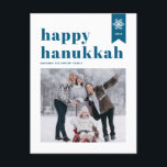 Cartão Postal De Festividades Blue Typografia Snowflakes Foto Feliz Hanukkah<br><div class="desc">Feliz Hanukkah! | Envie seus desejos de feriado com este cartão-postal personalizável do Chanucá. Apresenta uma tipografia azul retrógrada e ousada,  sotaque simples flocos de neve e padrão festivo. Personalize adicionando nomes,  ano e foto. Esta foto festiva Cartão-postal Feliz Hanukkah está disponível em várias cores e estoque de papelão.</div>