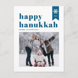 Cartão Postal De Festividades Blue Typografia Snowflakes Foto Feliz Hanukkah