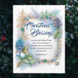Cartão Postal De Festividades Blue Winter Foliage Frame Bíblia Verse Christian<br><div class="desc">Cartaz de férias cristão com uma elegante fuselagem de inverno em tons de azul, verde e ouro. "Bênçãos de Natal" e verso das Escrituras do livro de Matthew no Rei James Santa Bíblia: A bênção de Natal atrás pode ser personalizada ou deixada vazio para uma saudação manuscrita.Matthew 4:16 - "As...</div>