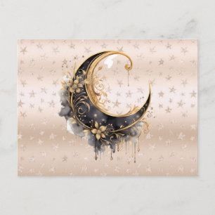 Cartão Postal De Festividades Boêmio Preto e Dourado Lua Crescente Halloween