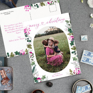 Cartão Postal De Festividades Boho Bright Pink Botânico Feliz Foto de Natal