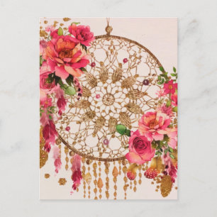 Cartão Postal De Festividades Boho Dreamcatcher Dourada Cor Floral Rosa