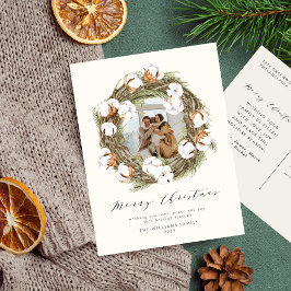 Cartão Postal De Festividades Boho Watercolor Christmas Cotton Wreath One Photo