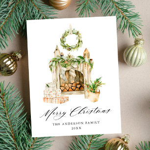 Cartão Postal De Festividades Boho Watercolor Lareira com Greenery Non-Photo