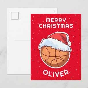 Cartão Postal De Festividades Bola de Basquete Chapéu Vermelho do Papai Noel Nat
