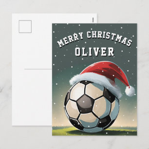 Cartão Postal De Festividades Bola de Futebol de Santa Chapéu Natal Feliz 