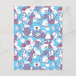 Cartão Postal De Festividades Bola de kit de tricô fofa engraçada azul