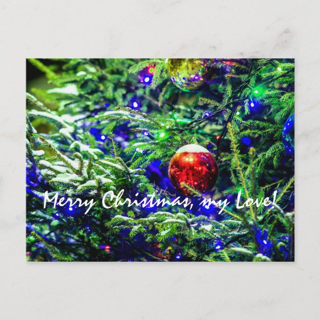Cartão Postal De Festividades Bola Vermelha de Árvore de Natal Verde (Frente)