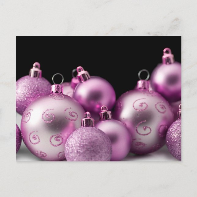 Cartão Postal De Festividades Bolas de Natal Roxas (Frente)