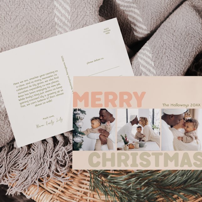 Cartão Postal De Festividades Bold Modern Coral Feliz Natal Três Foto (Criador carregado)