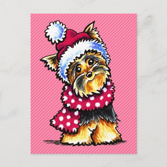 Cartão Postal De Festividades Bolinhas do lenço do inverno de Yorkie (Frente)