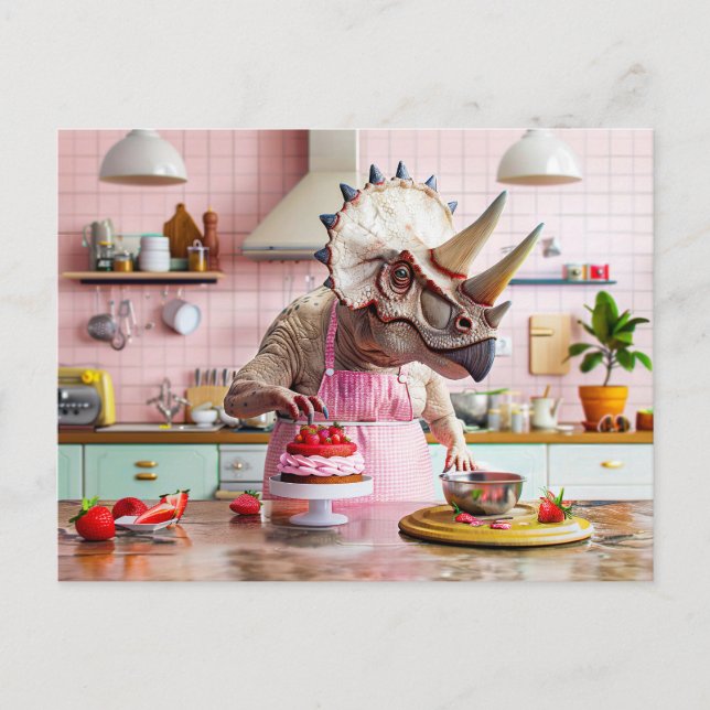 Cartão Postal De Festividades Bolo de cozinha do dinossauro na cozinha retrô (Frente)