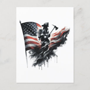 Cartão Postal De Festividades Bombeiro americano. Bandeira dos Estados Unidos.