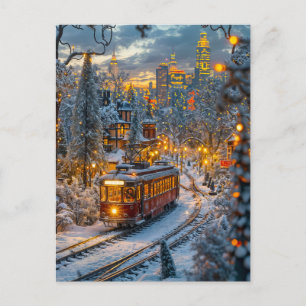 Cartão Postal De Festividades Bonde de trem em miniatura em cidade invernal neva