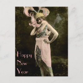 Cartão Postal De Festividades Boné Dourado e ano novo das penas grandes do rosa