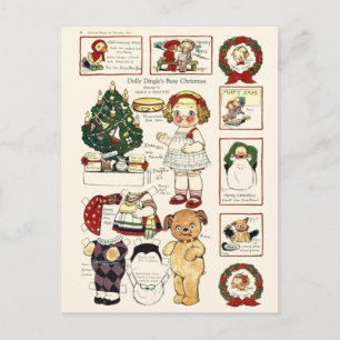 Cartão Postal De Festividades Bonecas de papel Dolly Dingle Doggie Natal Antigo