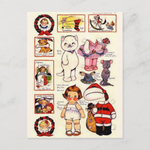 Cartão Postal De Festividades Bonecas de papel Kitty DollyDingle Natal Vintage