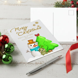 Cartão Postal De Festividades Boneco de Neve de Desenho Animado, Minhoca e Árvor