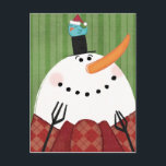 Cartão Postal De Festividades Boneco de neve do Natal com pássaro do canto<br><div class="desc">© Veronique Charron/Apple selvagem.  Este boneco de neve de sorriso do Natal está derrubando seu chapéu fora ao pássaro do canto empoleirado em sua cabeça.</div>