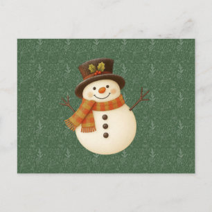 Cartão Postal De Festividades Boneco de neve rústico verde vintage fofo
