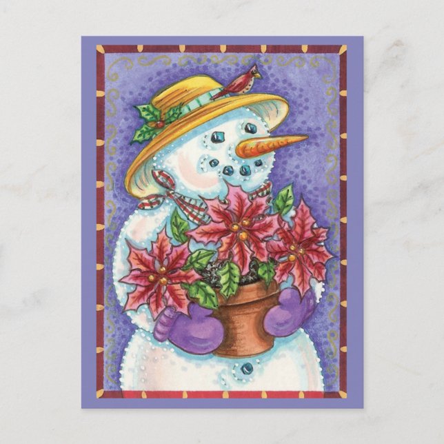 Cartão Postal De Festividades Bonita Garota de Natal Snowman com Poinsettia (Frente)