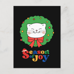 Cartão Postal De Festividades Bonita Kawaii Cat Wreath Season of Joy