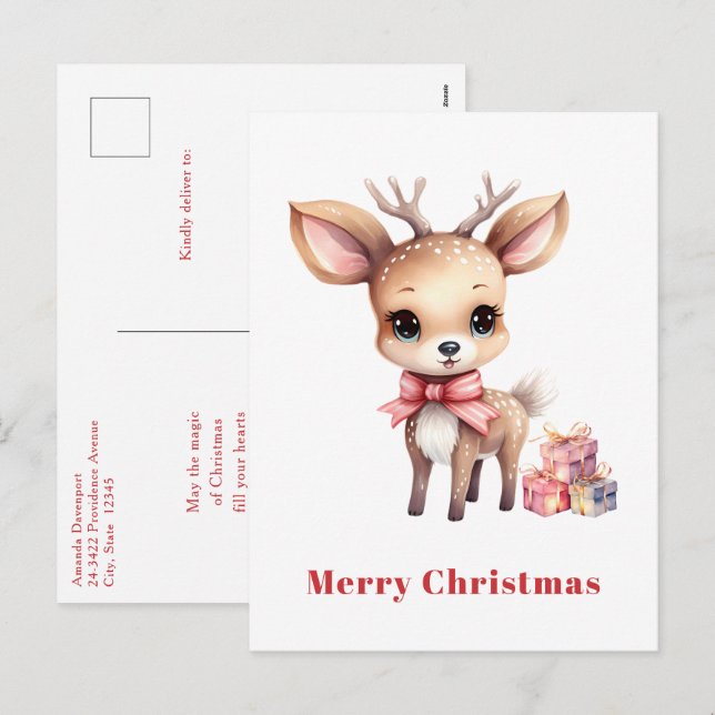 Cartão Postal De Festividades Bonita Reindeer de Natal (Frente/Verso)