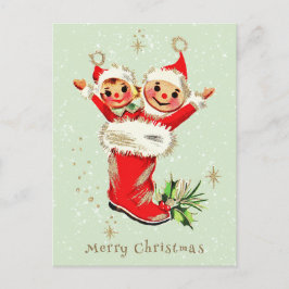 Cartão Postal De Festividades Bonita Vintage Retro Natal Elves Sage Green
