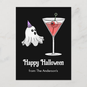 Cartão Postal De Festividades Bonito Fantasma do Halloween e Cocktail assustador