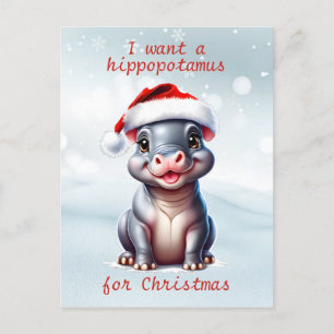 Cartão Postal De Festividades Bonito Hippopotamus Santa Hat Snowy Natal