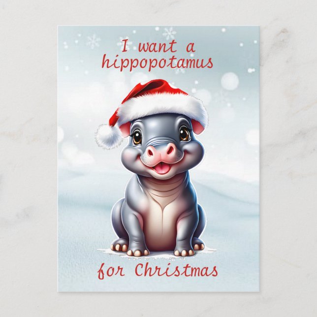 Cartão Postal De Festividades Bonito Hippopotamus Santa Hat Snowy Natal (Frente)