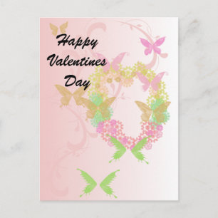 Cartão Postal De Festividades Bonito Namorados de Coração Floral e Borboletas