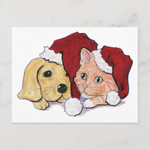 Cartão Postal De Festividades Bonito Natal Labrador Puppy e Orange Tabby