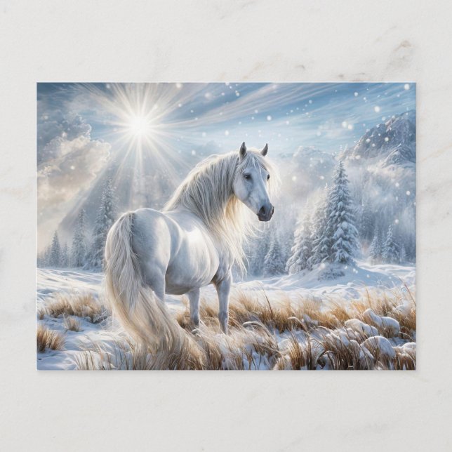 Cartão Postal De Festividades Bonito Natal para Cavalo e Neve (Frente)