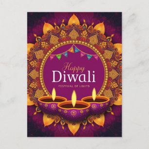 Cartão Postal De Festividades Bonito Roxo Diya Colorida Mandala Happy Diwali