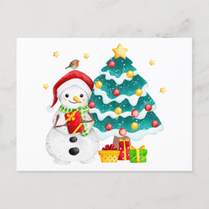 Cartão Postal De Festividades Bonito Snowman e Árvore de Natal
