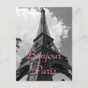 Cartão Postal De Festividades Bonjour Paris Preto Branco Torre Eiffel França